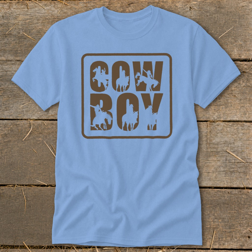 Light blue t-shirt with brown "COW BOY" text and cowboy silhouettes.