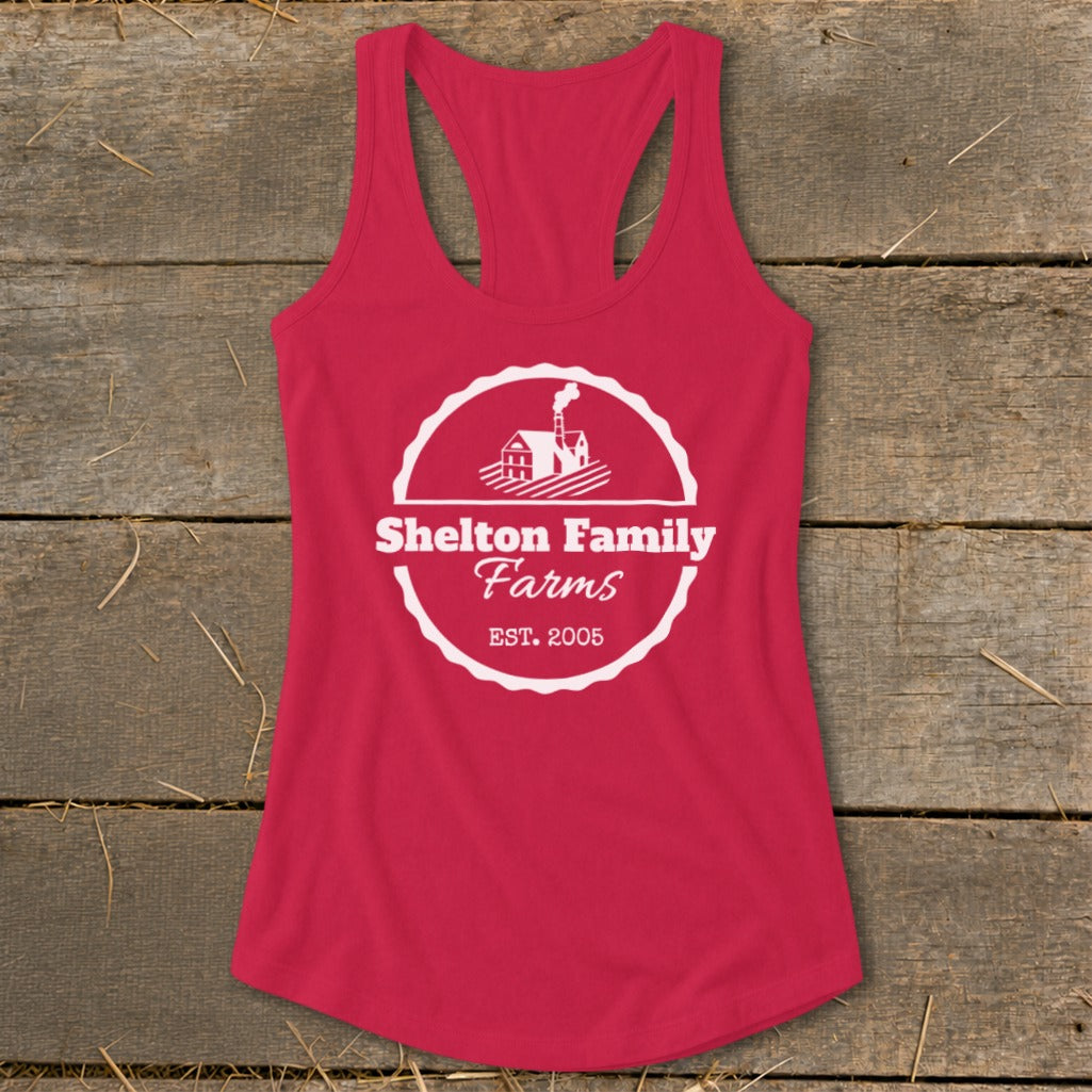 Red tank top with Shelton Family Farms logo and established date.