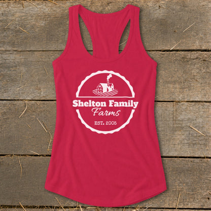 Red tank top with Shelton Family Farms logo and established date.