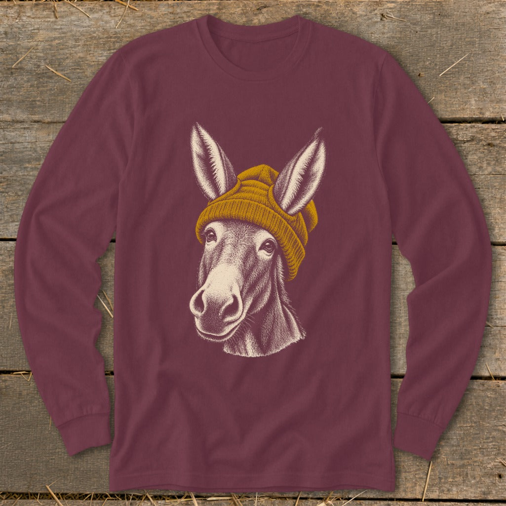 Donkey head graphic wearing a mustard yellow beanie on a maroon long-sleeve shirt.