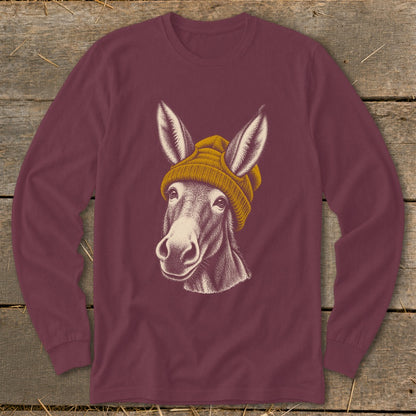 Donkey head graphic wearing a mustard yellow beanie on a maroon long-sleeve shirt.