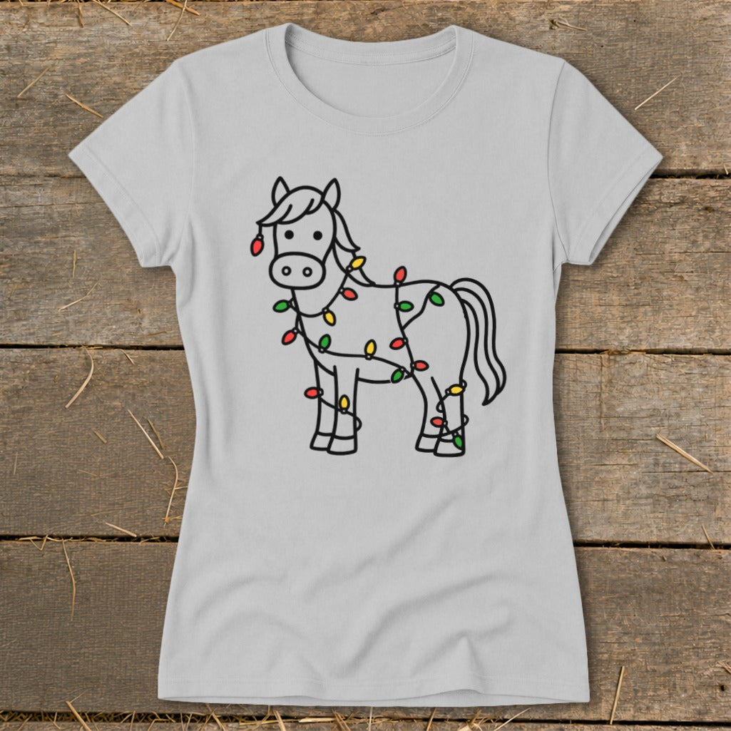 Line art horse wrapped in red, green, and yellow Christmas lights on a gray t-shirt.