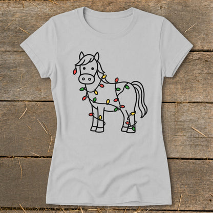 Line art horse wrapped in red, green, and yellow Christmas lights on a gray t-shirt.
