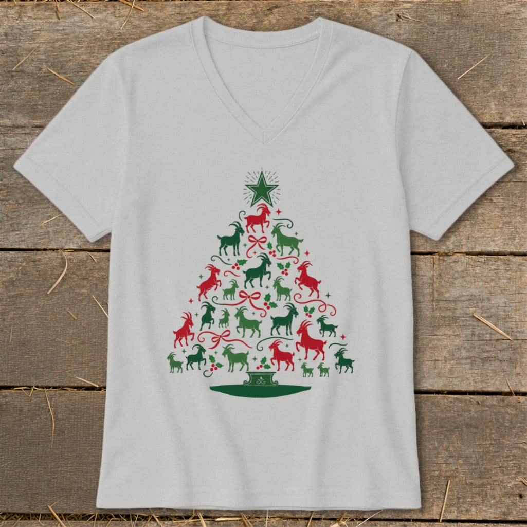 Light gray v-neck t-shirt with red and green goat Christmas tree graphic.