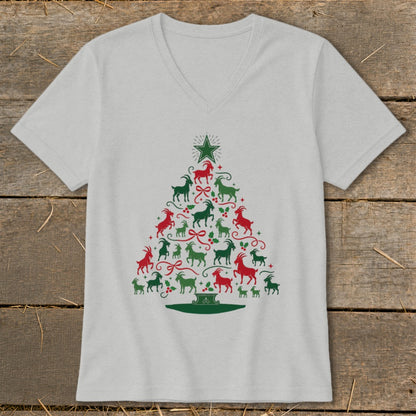Light gray v-neck t-shirt with red and green goat Christmas tree graphic.
