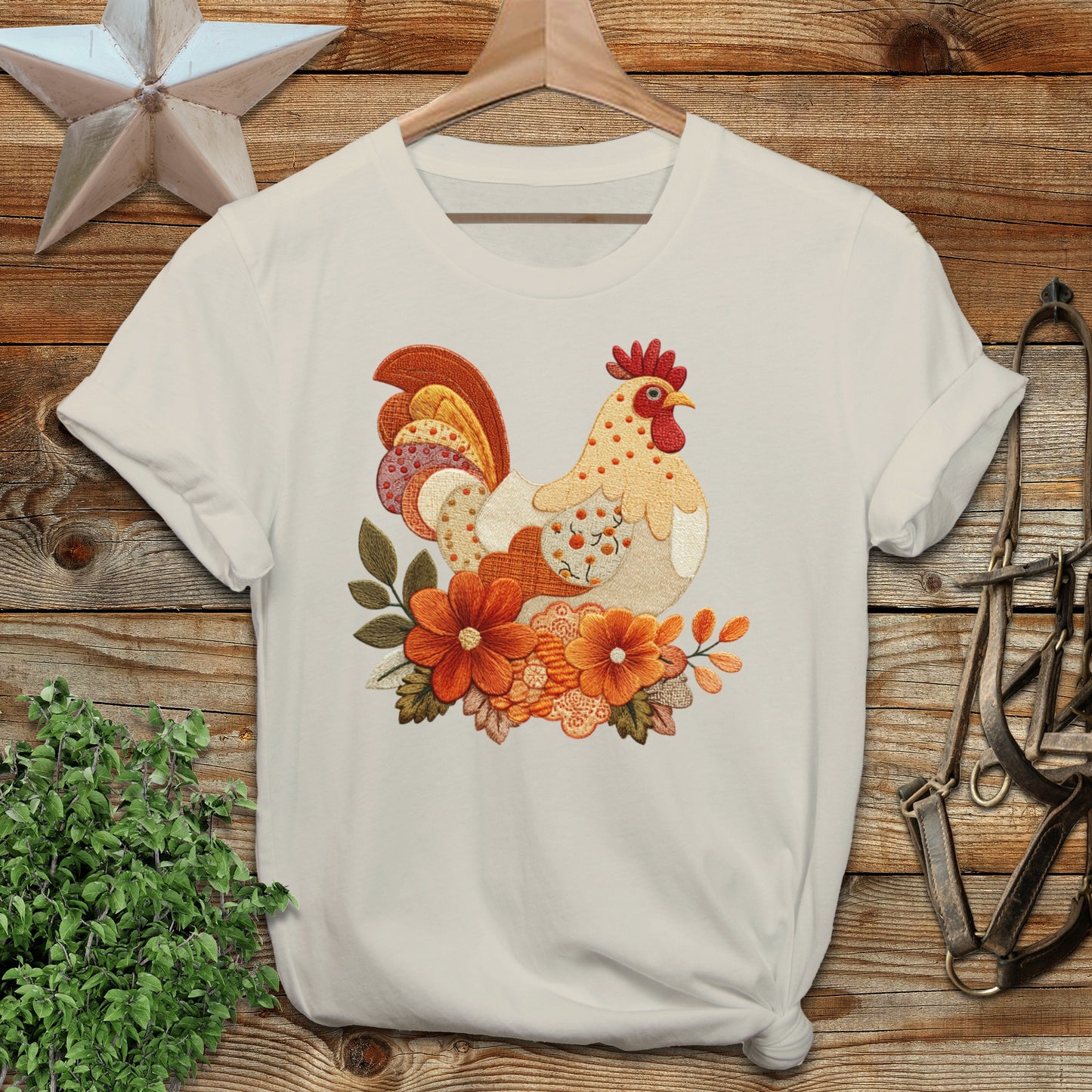 Vibrant Rooster Design with Flowers on Shirt product type