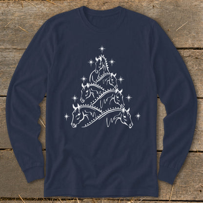 Navy long-sleeve shirt with a white horse Christmas tree graphic and stars.