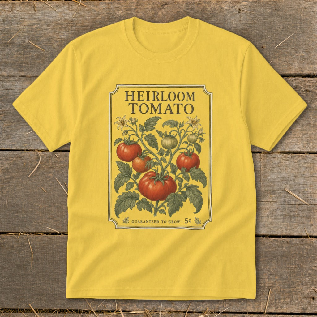 Yellow t-shirt with "HEIRLOOM TOMATO" and vintage tomato plant illustration.