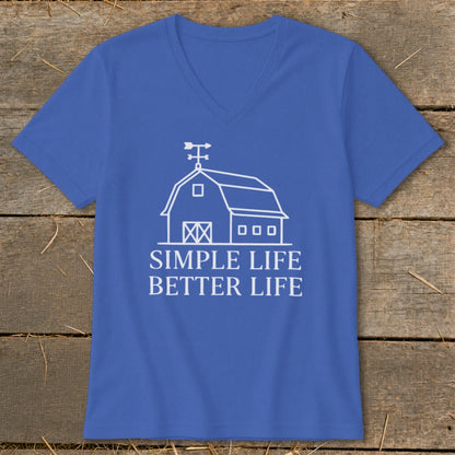 Blue v-neck t-shirt with white barn graphic and text "SIMPLE LIFE BETTER LIFE".