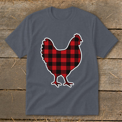 Gray t-shirt with a red and black buffalo plaid chicken graphic.