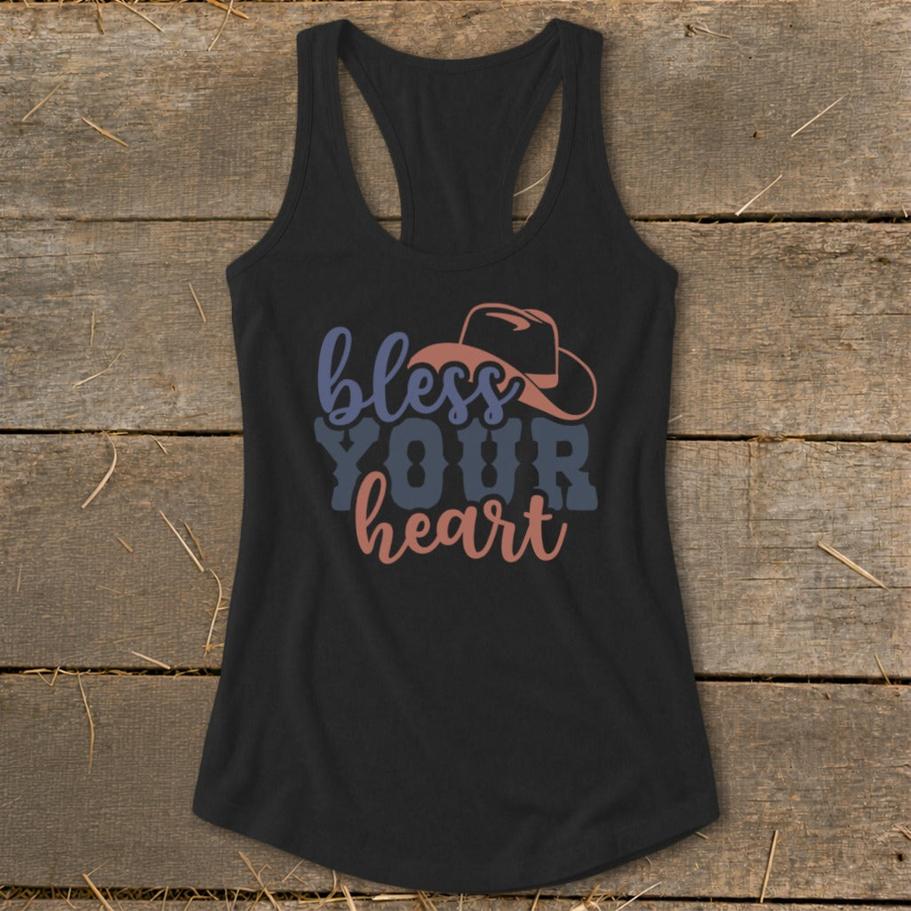 Black tank top with "bless YOUR heart" text and cowboy hat graphic.