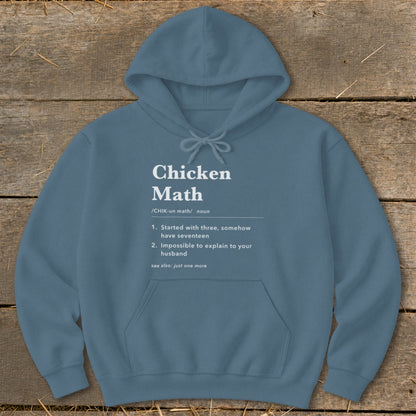 Blue hoodie with "Chicken Math" definition printed on it.