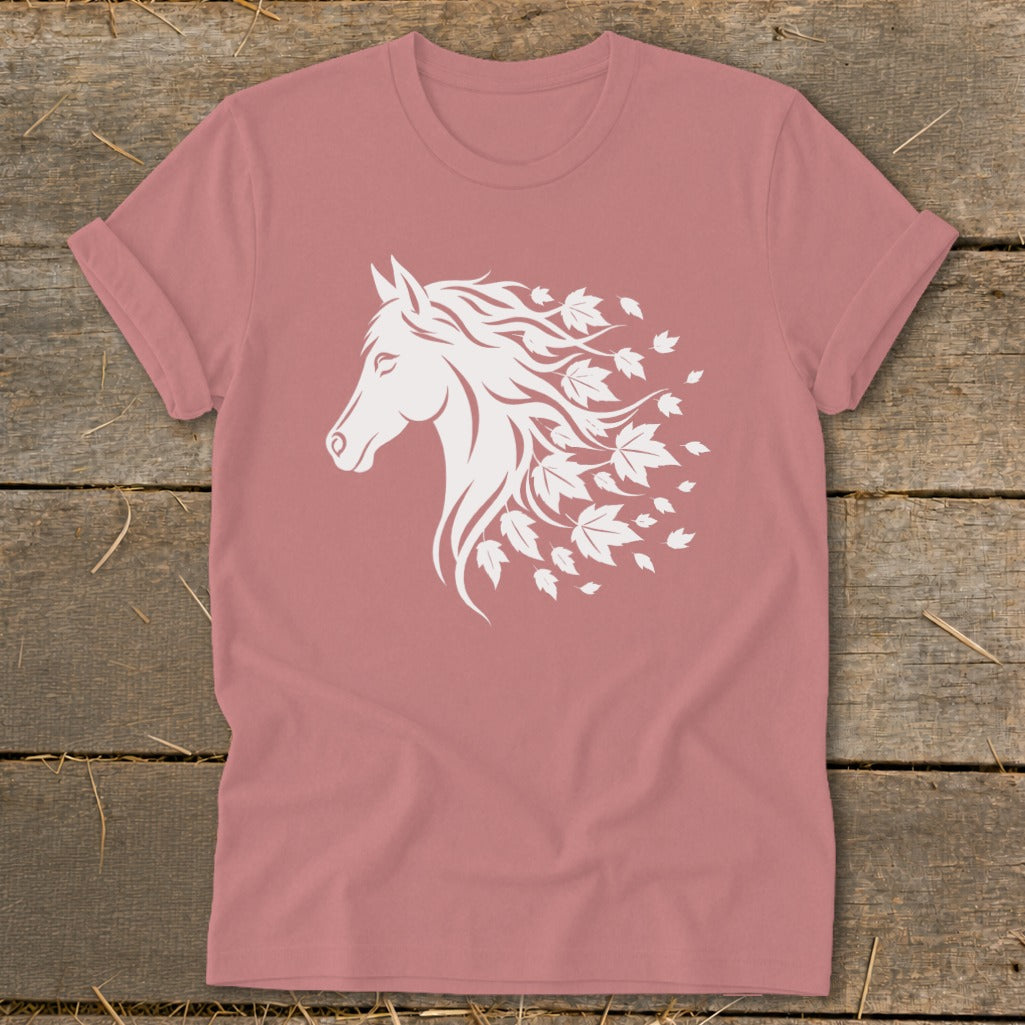 Rose t-shirt with white horse head and falling maple leaves design.
