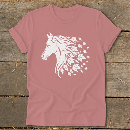 Rose t-shirt with white horse head and falling maple leaves design.