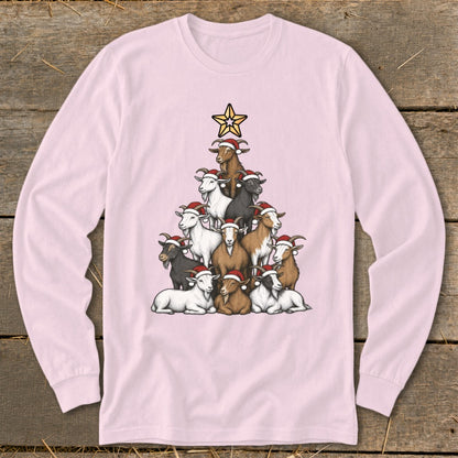 Goat Christmas tree graphic with Santa hats and a star on a pink long-sleeve shirt.
