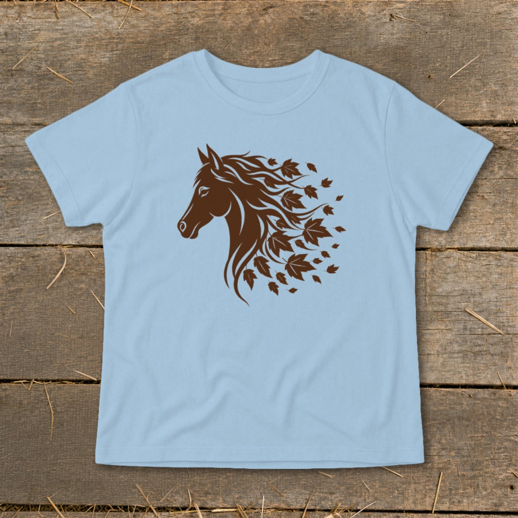 Light blue t-shirt with a brown horse head graphic featuring a mane made of leaves.