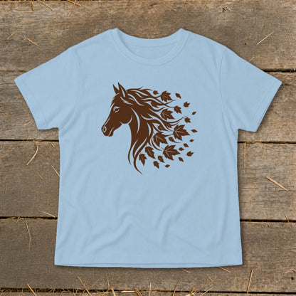 Light blue t-shirt with a brown horse head graphic featuring a mane made of leaves.