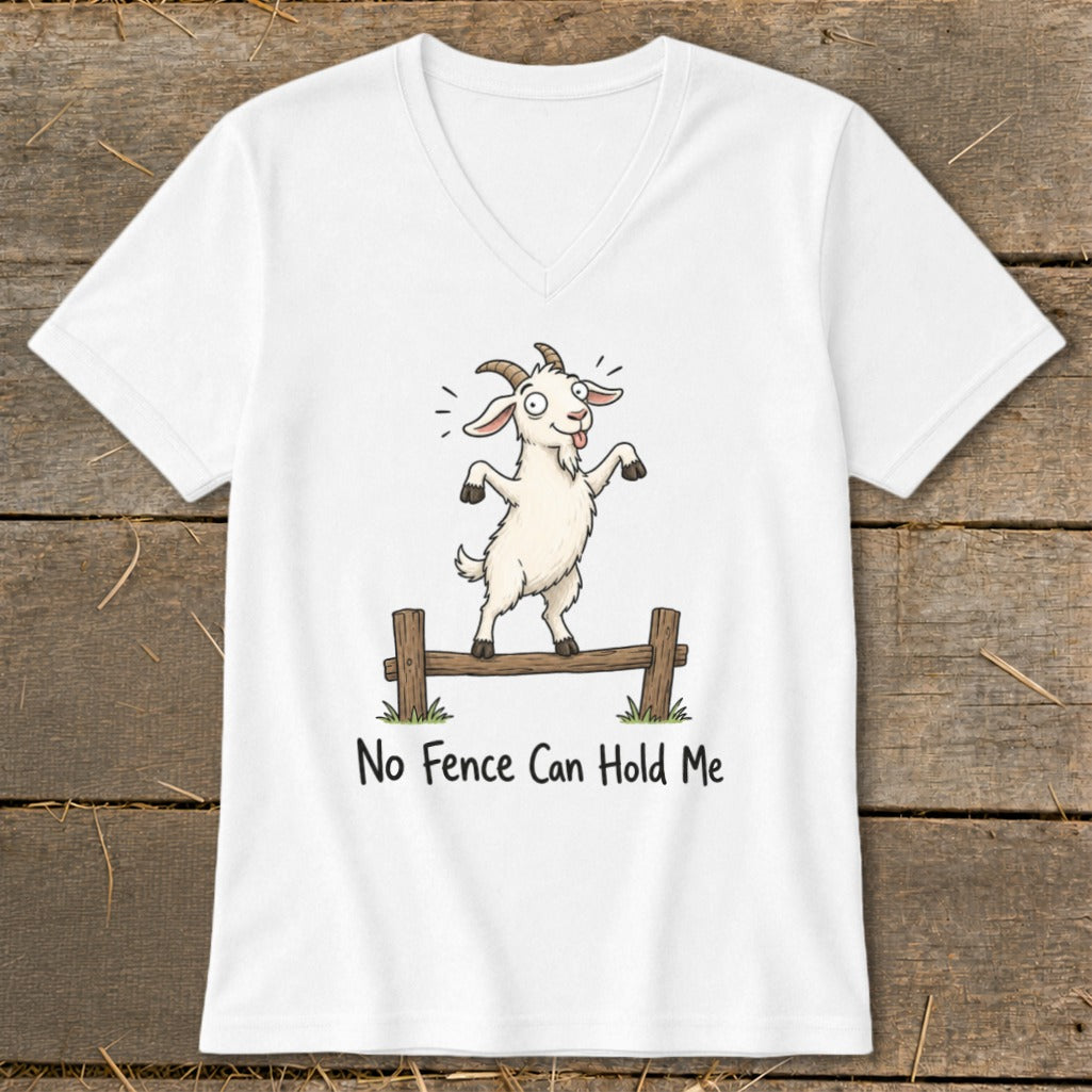 White t-shirt with cartoon goat balancing on a fence with text "No Fence Can Hold Me".