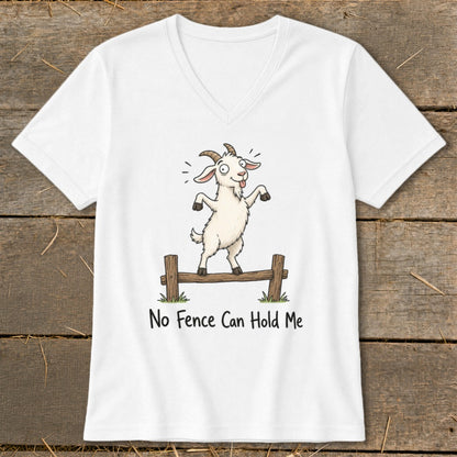 White t-shirt with cartoon goat balancing on a fence with text "No Fence Can Hold Me".