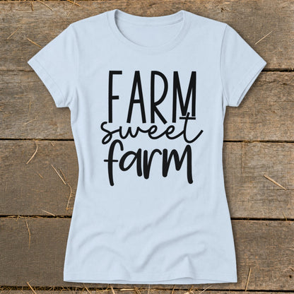 Light blue t-shirt with black text that reads "FARM sweet farm".