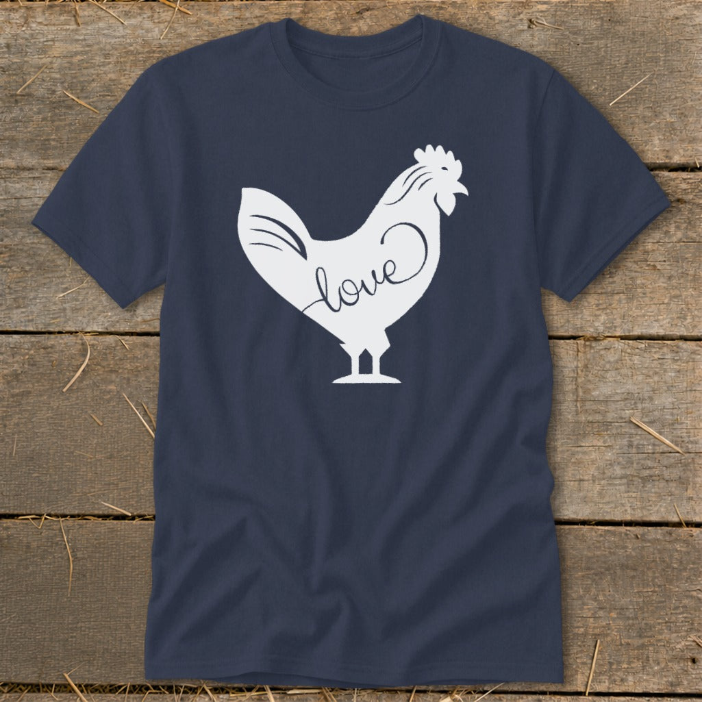 Dark blue t-shirt with a white rooster graphic and the word "love" inside.