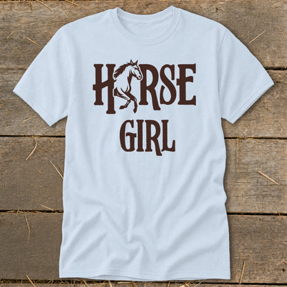 Light blue t-shirt with dark brown text "HORSE GIRL" and a galloping horse silhouette.