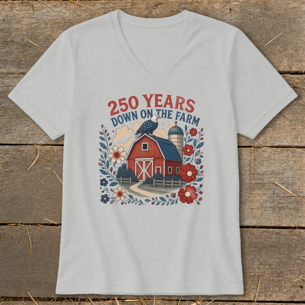 Farm graphic with red barn, silo, eagle, and flowers; text "250 YEARS DOWN ON THE FARM".