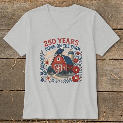 Farm graphic with red barn, silo, eagle, and flowers; text "250 YEARS DOWN ON THE FARM".