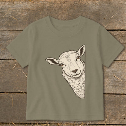T-shirt with a drawing of a sheep peeking from the side.