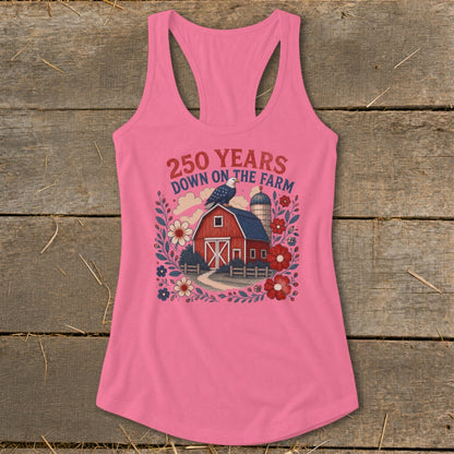Pink tank top with "250 Years Down on the Farm" text and farm graphic.