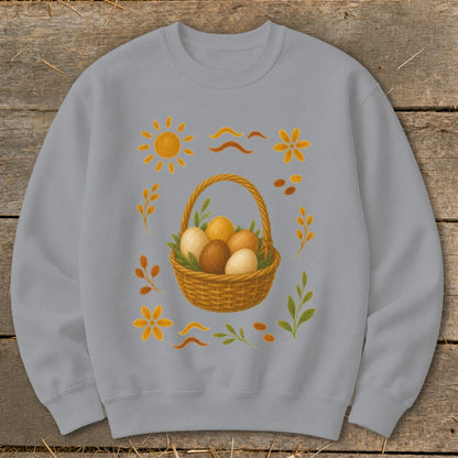 Light gray sweatshirt with a central woven basket of Easter eggs and surrounding decorative elements.