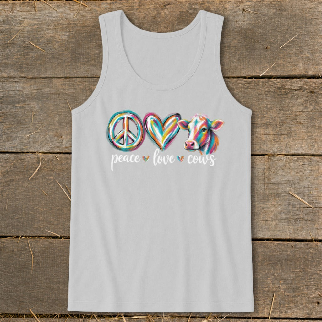 Tank top with colorful peace, love, and cow graphic.