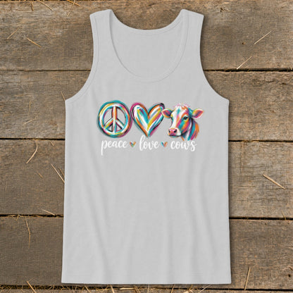 Tank top with colorful peace, love, and cow graphic.
