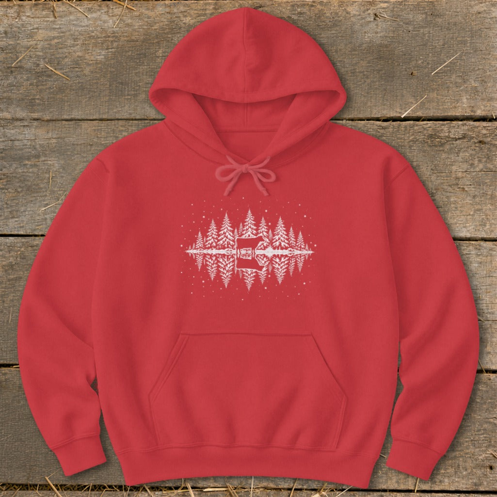 Red hoodie with a white mirrored winter forest graphic and falling snow.