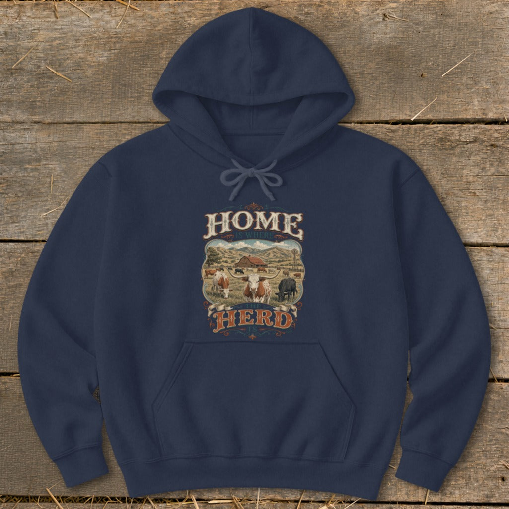 Navy hoodie with rustic farm graphic and text "HOME IS WHERE THE HERD IS".