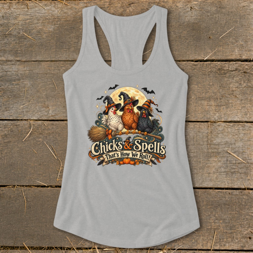 Three witch chickens on a broomstick with "Chicks & Spells" text.