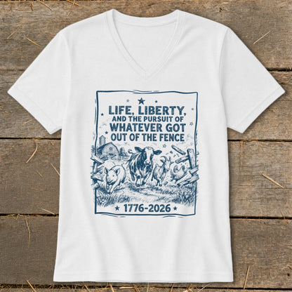 White t-shirt with graphic of farm animals and text "Life, Liberty, and the pursuit of whatever got out of the fence".