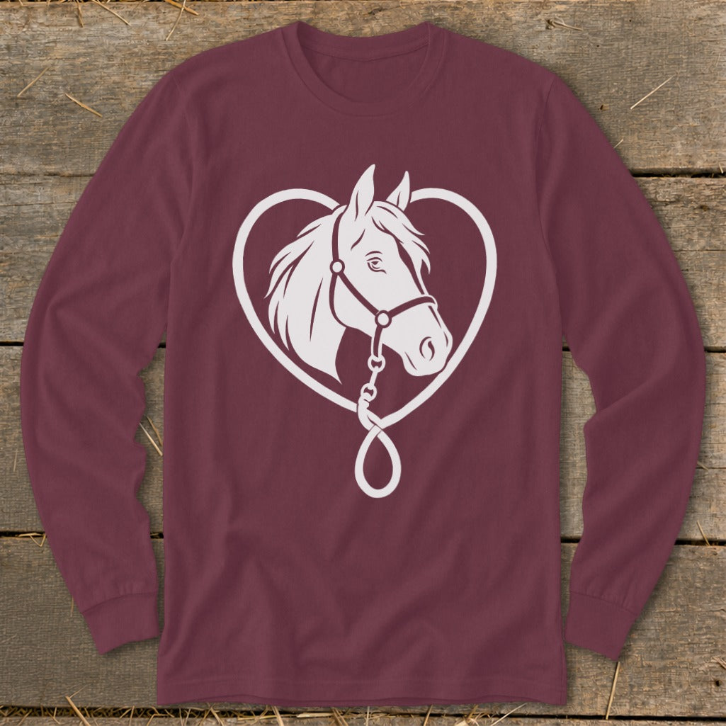 Maroon long-sleeved t-shirt featuring a white graphic of a horse's head framed by a heart shape.