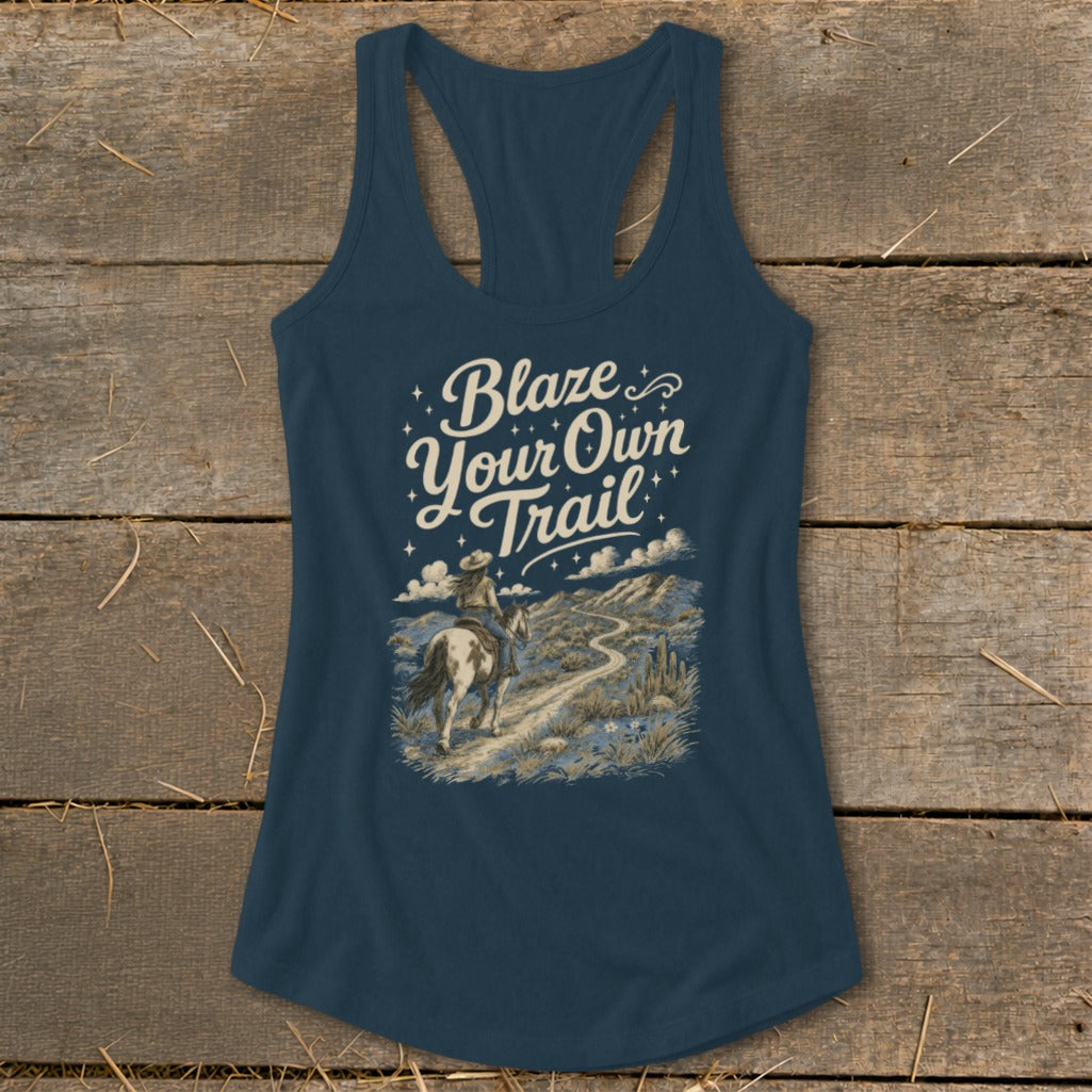 Dark blue tank top with "Blaze Your Own Trail" and horse riding scene.