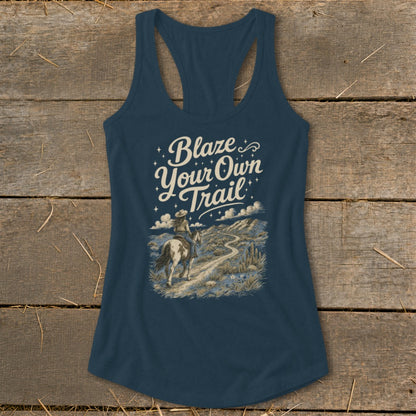 Dark blue tank top with "Blaze Your Own Trail" and horse riding scene.