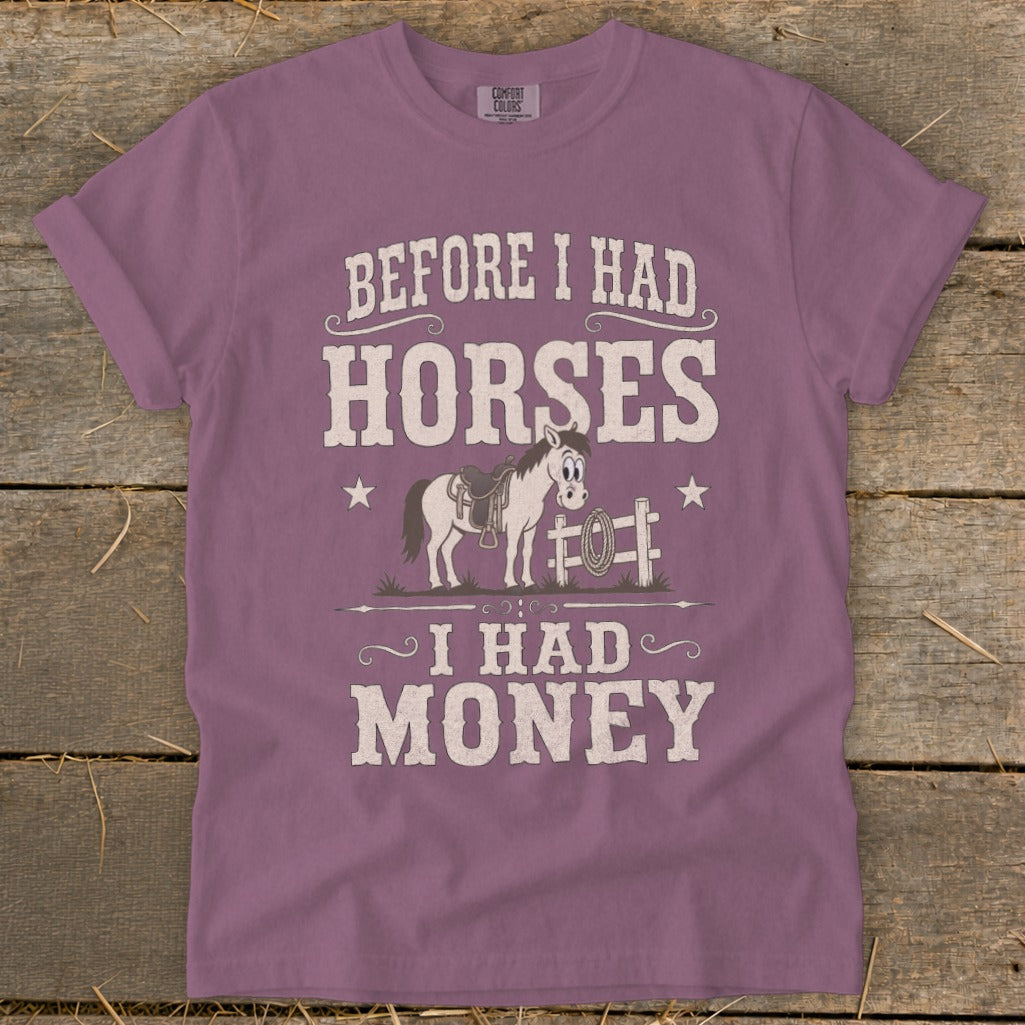 Purple t-shirt with "Before I Had Horses, I Had Money" text and cartoon horse graphic.