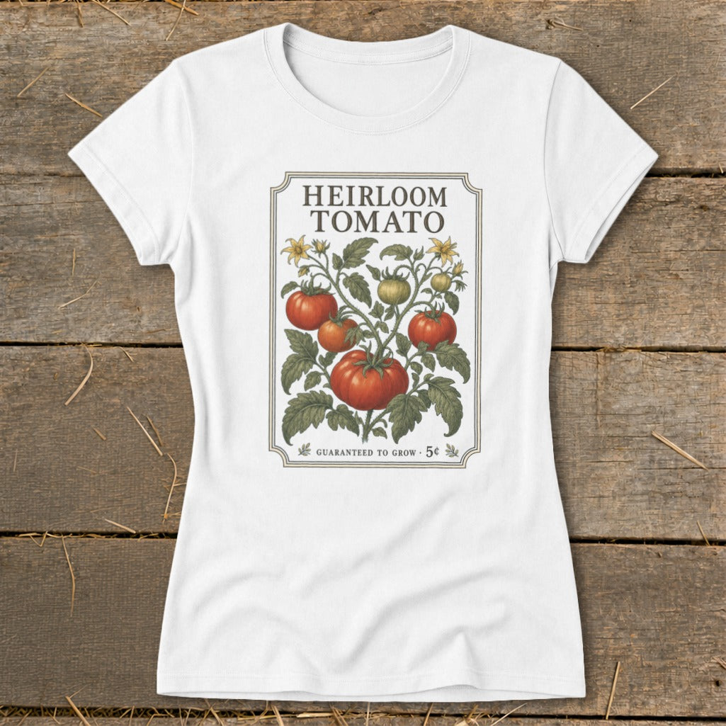 White t-shirt with a vintage heirloom tomato seed packet graphic.