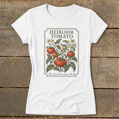 White t-shirt with a vintage heirloom tomato seed packet graphic.