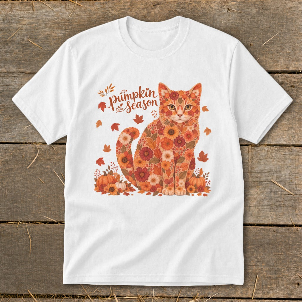 White t-shirt with a cat made of flowers and pumpkins, with "Pumpkin Season" text.