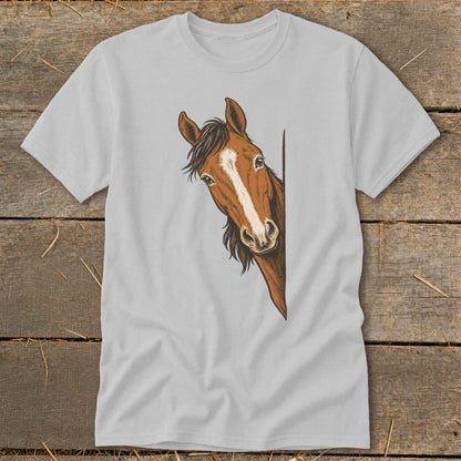 Brown horse peeking from behind the t-shirt's right side.