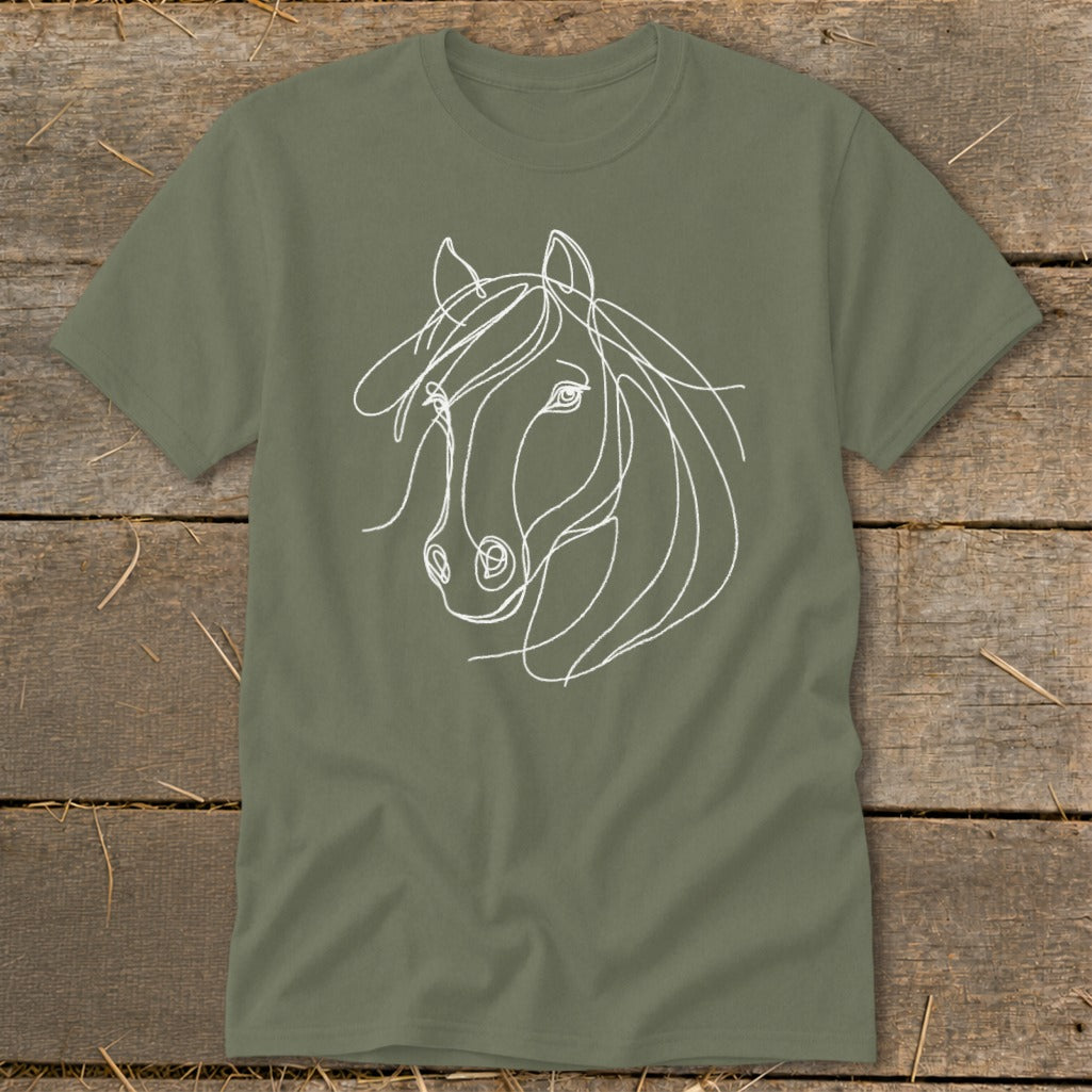 Olive green t-shirt with a white abstract horse head line drawing.