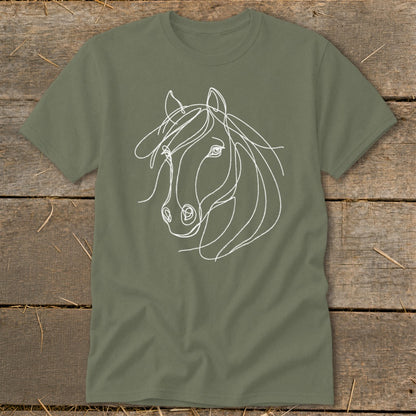 Olive green t-shirt with a white abstract horse head line drawing.