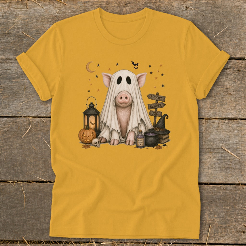 Pig in ghost costume surrounded by Halloween decor and spooky signs.
