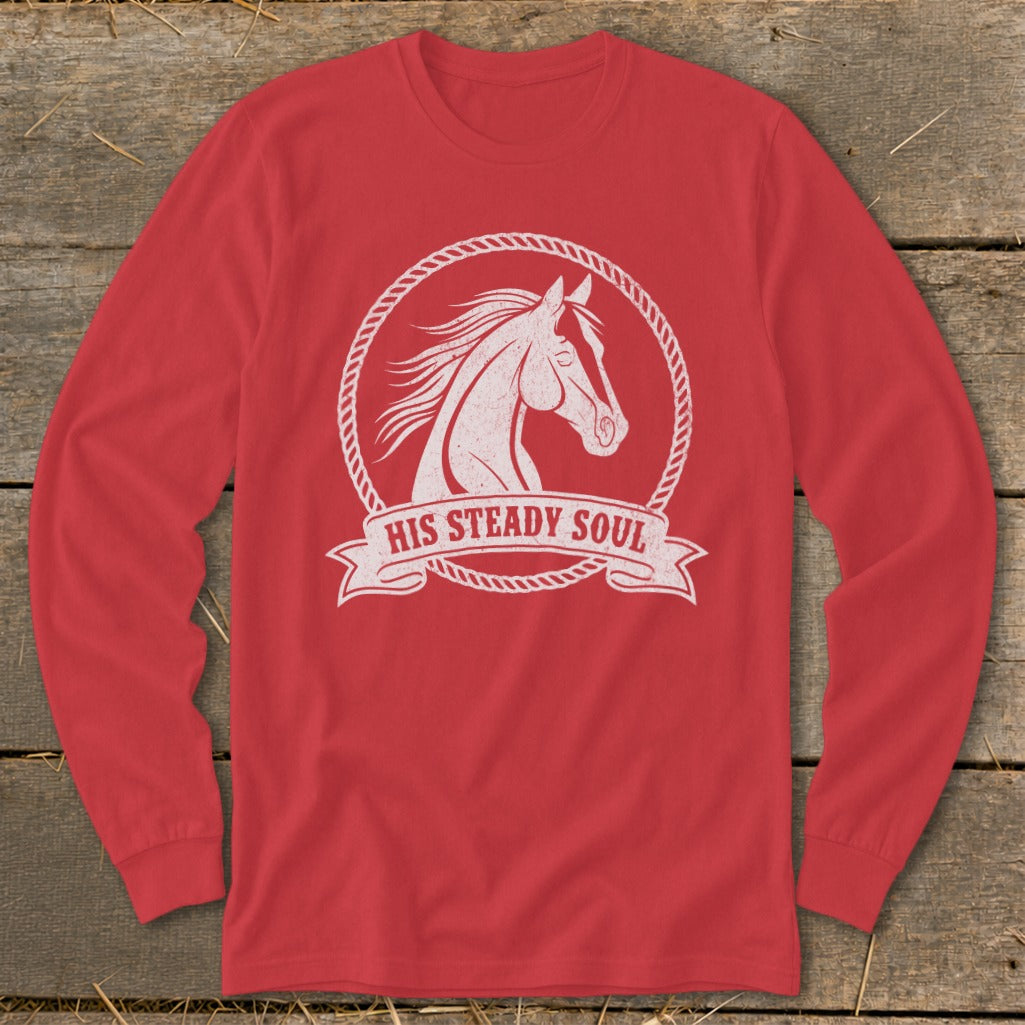 Red long-sleeve shirt with white distressed horse head graphic and "His Steady Soul" text.