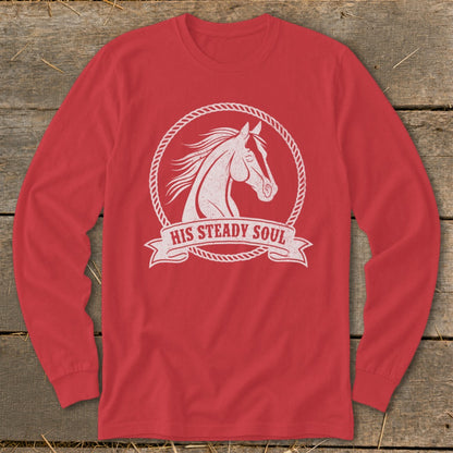Red long-sleeve shirt with white distressed horse head graphic and "His Steady Soul" text.